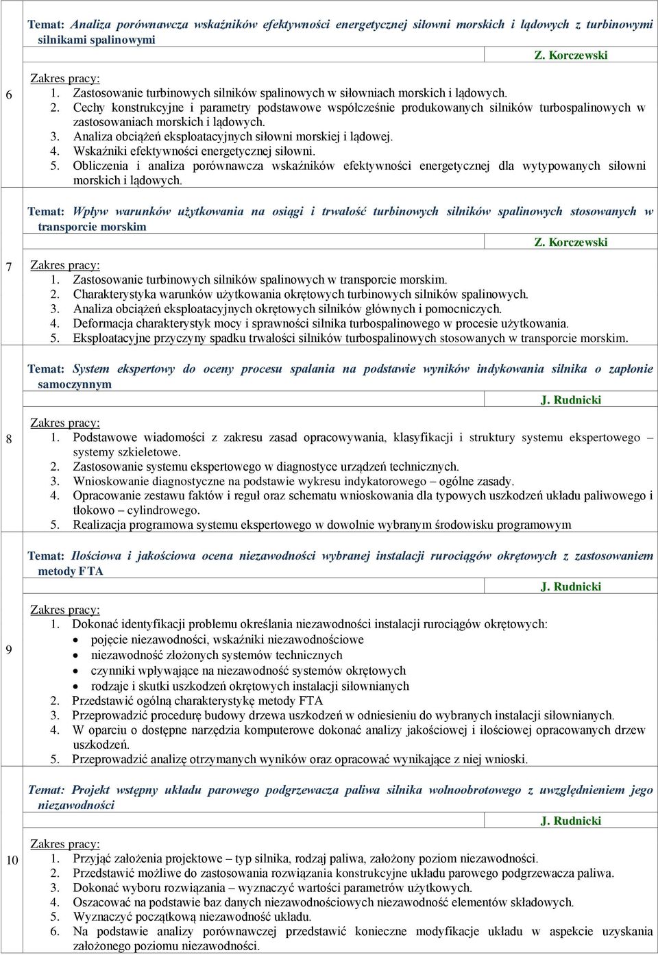 Cechy konstrukcyjne i parametry podstawowe współcześnie produkowanych silników turbospalinowych w zastosowaniach morskich i lądowych. 3. Analiza obciążeń eksploatacyjnych siłowni morskiej i lądowej.