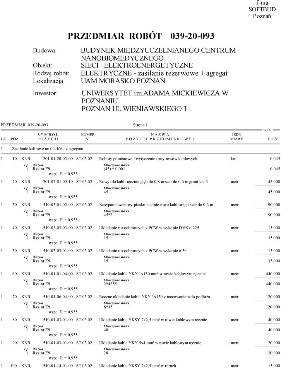 02 Rowy dla kabli ręcznie głęb do 0,8 m szer do 0,6 m grunt kat 3 metr 45,000 1 Rys nr E9 45 45,000 1 30 KNR 510-03-01-02-00 ST 03.