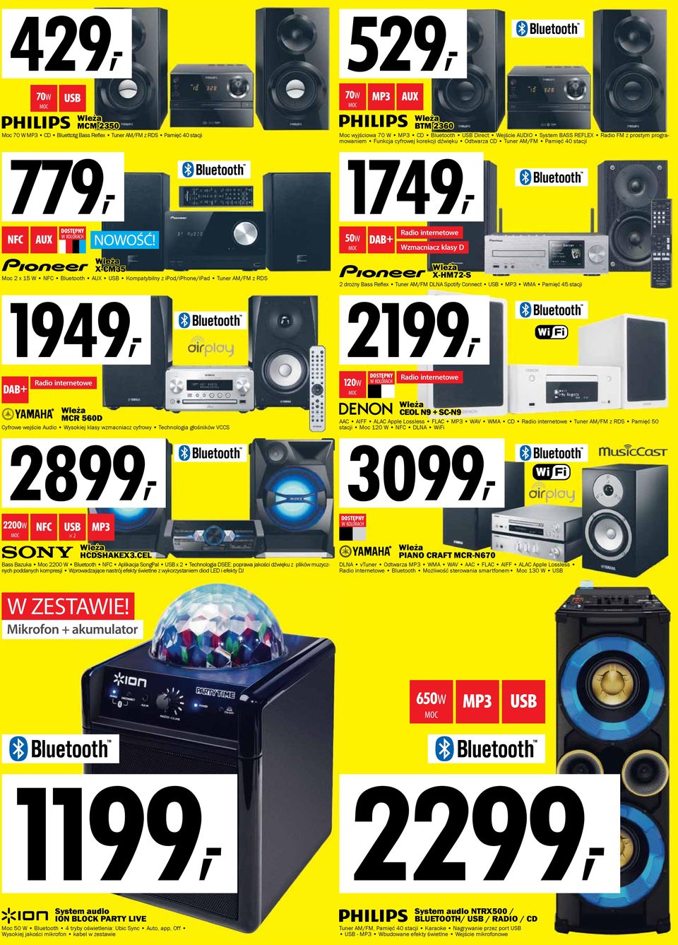 prostym programowaniem Funkcja cyfrowej korekcji dźwięku Odtwarza CD Tuner AM/FM Pamięć 40 stacji 1749, 50W DAB+ internetowe Wzmacniacz klasy D X-HM72-S 2 drożny Bass Reflex Tuner AM/FM DLNA Spotify