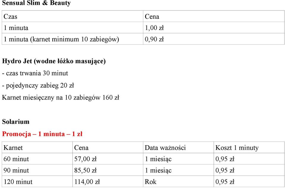 miesięczny na 10 zabiegów 160 zł Solarium Promocja 1 minuta 1 zł Karnet Cena Data ważności Koszt 1