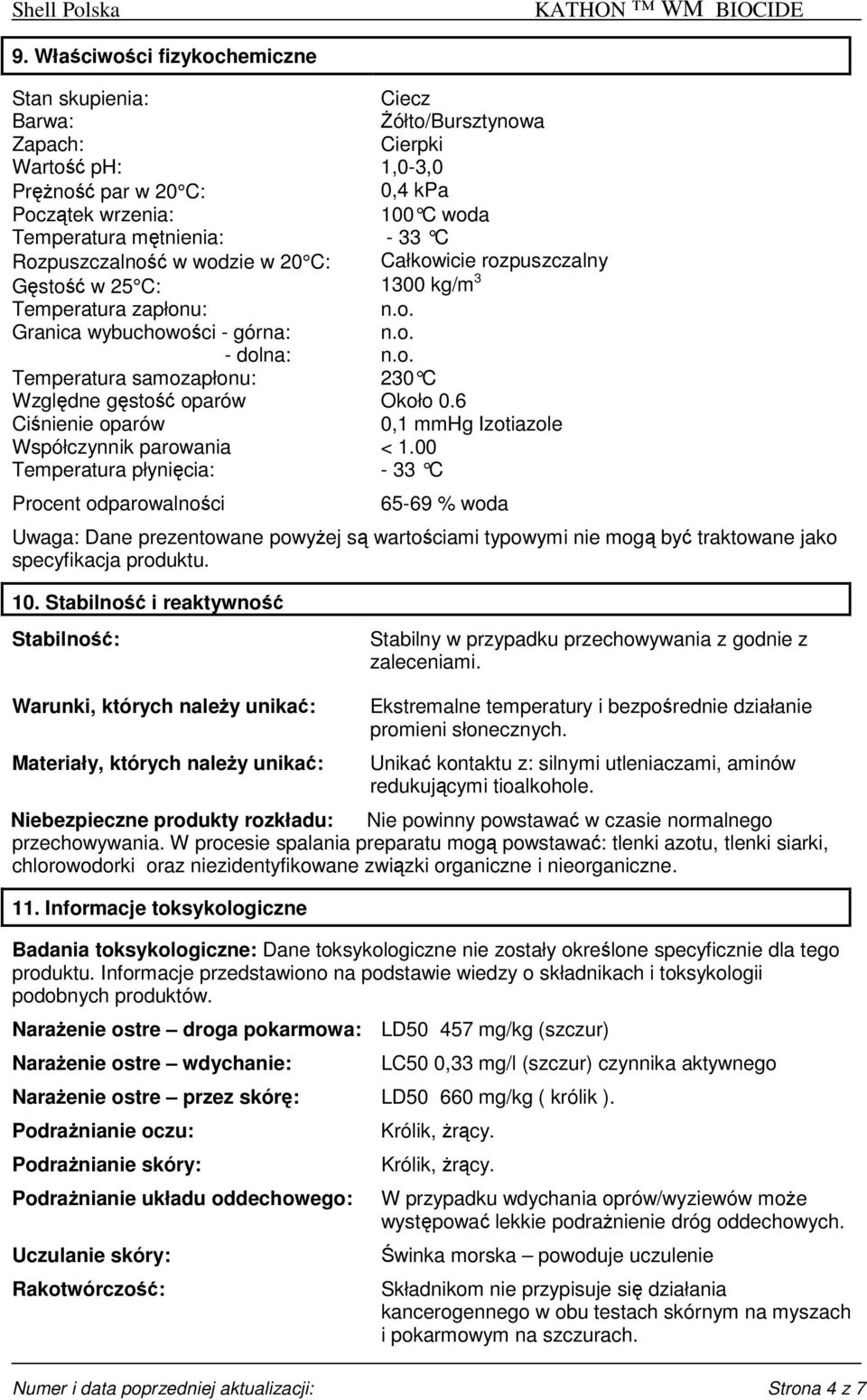 6 Ciśnienie oparów 0,1 mmhg Izotiazole Współczynnik parowania < 1.