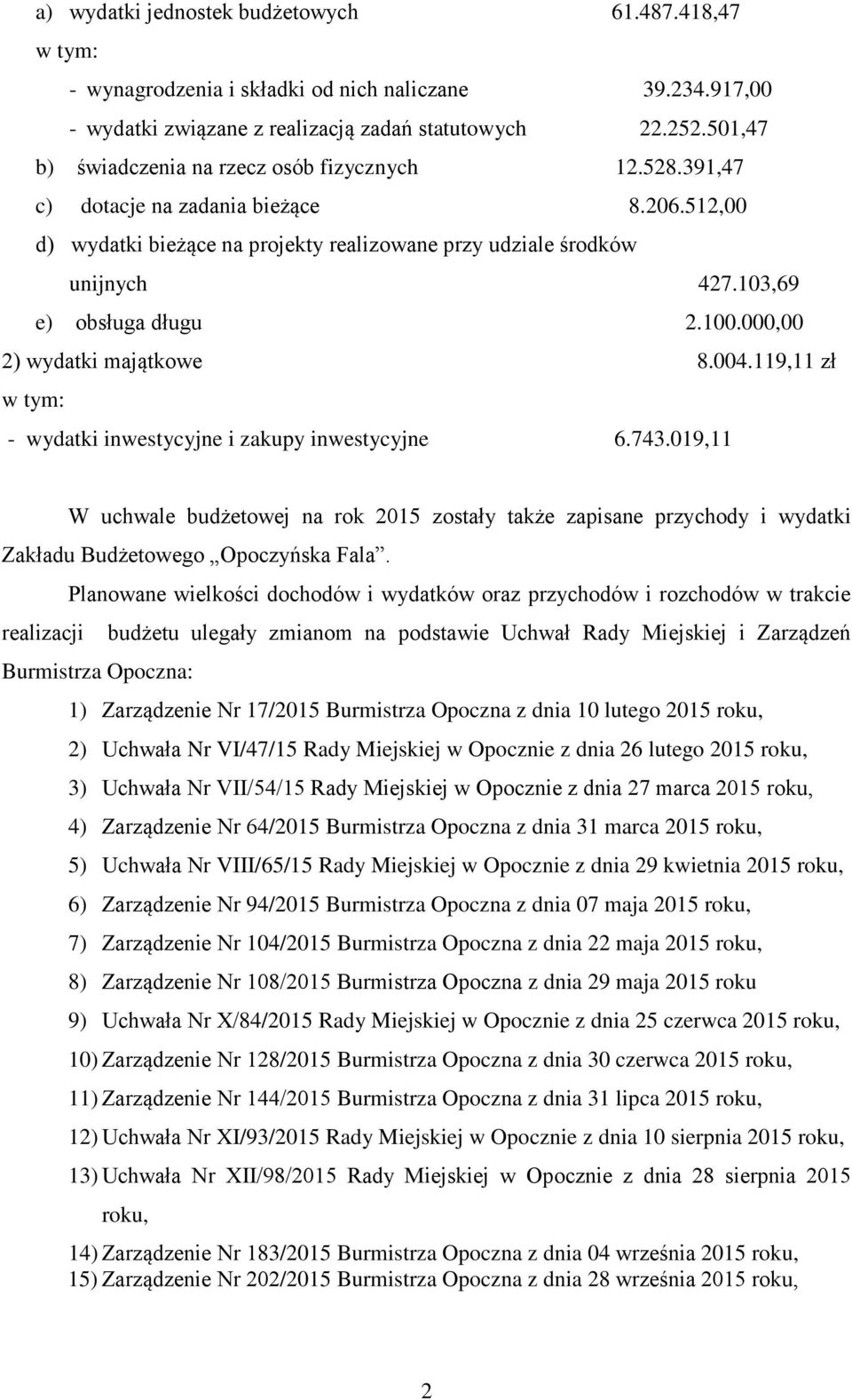 103,69 e) obsługa długu 2.100.000,00 2) wydatki majątkowe 8.004.119,11 zł w tym: - wydatki inwestycyjne i zakupy inwestycyjne 6.743.