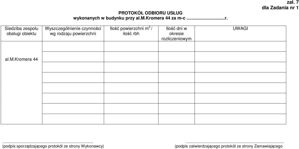 powierzchni Ilość powierzchni m 2 / ilość rbh Ilość dni w okresie rozliczeniowym UWAGI al.m.kromera 44.