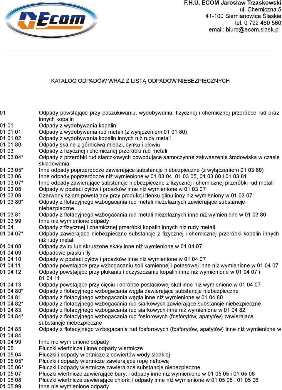 kopalin 01 01 01 Odpady z wydobywania rud metali (z wyłączeniem 01 01 80) 01 01 02 Odpady z wydobywania kopalin innych niż rudy metali 01 01 80 Odpady skalne z górnictwa miedzi, cynku i ołowiu 01 03