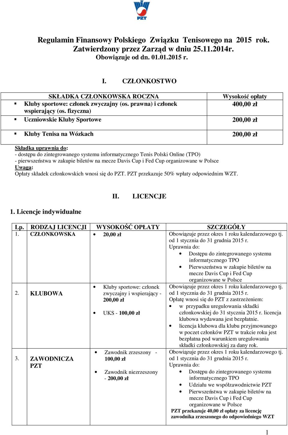 fizyczna) Uczniowskie Kluby Sportowe 200,00 zł Kluby Tenisa na Wózkach 200,00 zł Składka uprawnia do: - dostępu do zintegrowanego systemu informatycznego Tenis Polski Online (TPO) - pierwszeństwa w