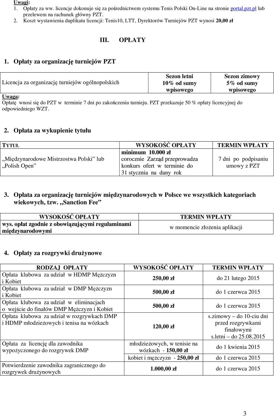 Opłaty za organizację turniejów PZT Licencja za organizację turniejów ogólnopolskich Sezon letni 10% od sumy wpisowego Sezon zimowy 5% od sumy wpisowego Uwaga: Opłatę wnosi się do PZT w terminie 7
