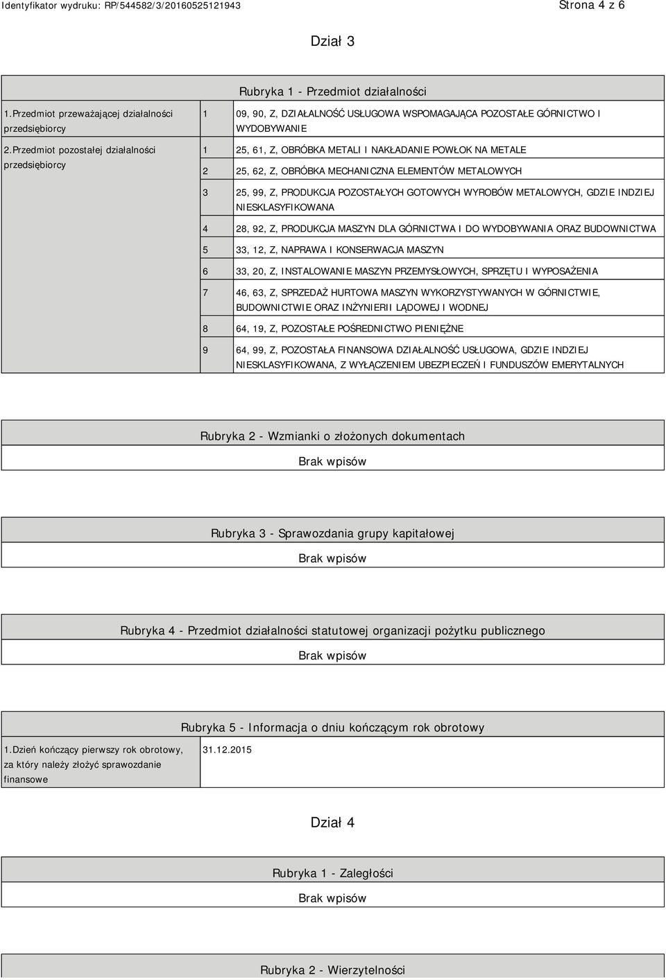 OBRÓBKA MECHANICZNA ELEMENTÓW METALOWYCH 3 25, 99, Z, PRODUKCJA POZOSTAŁYCH GOTOWYCH WYROBÓW METALOWYCH, GDZIE INDZIEJ SKLASYFIKOWANA 4 28, 92, Z, PRODUKCJA MASZYN DLA GÓRNICTWA I DO WYDOBYWANIA ORAZ