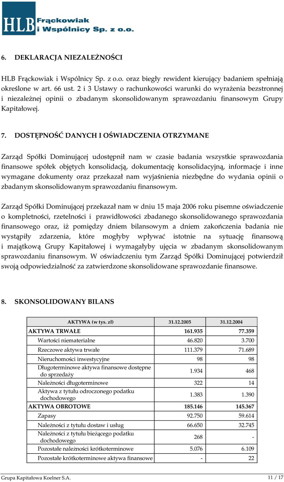 DOSTĘPNOŚĆ DANYCH I OŚWIADCZENIA OTRZYMANE Zarząd Spółki Dominującej udostępnił nam w czasie badania wszystkie sprawozdania finansowe spółek objętych konsolidacją, dokumentację konsolidacyjną,