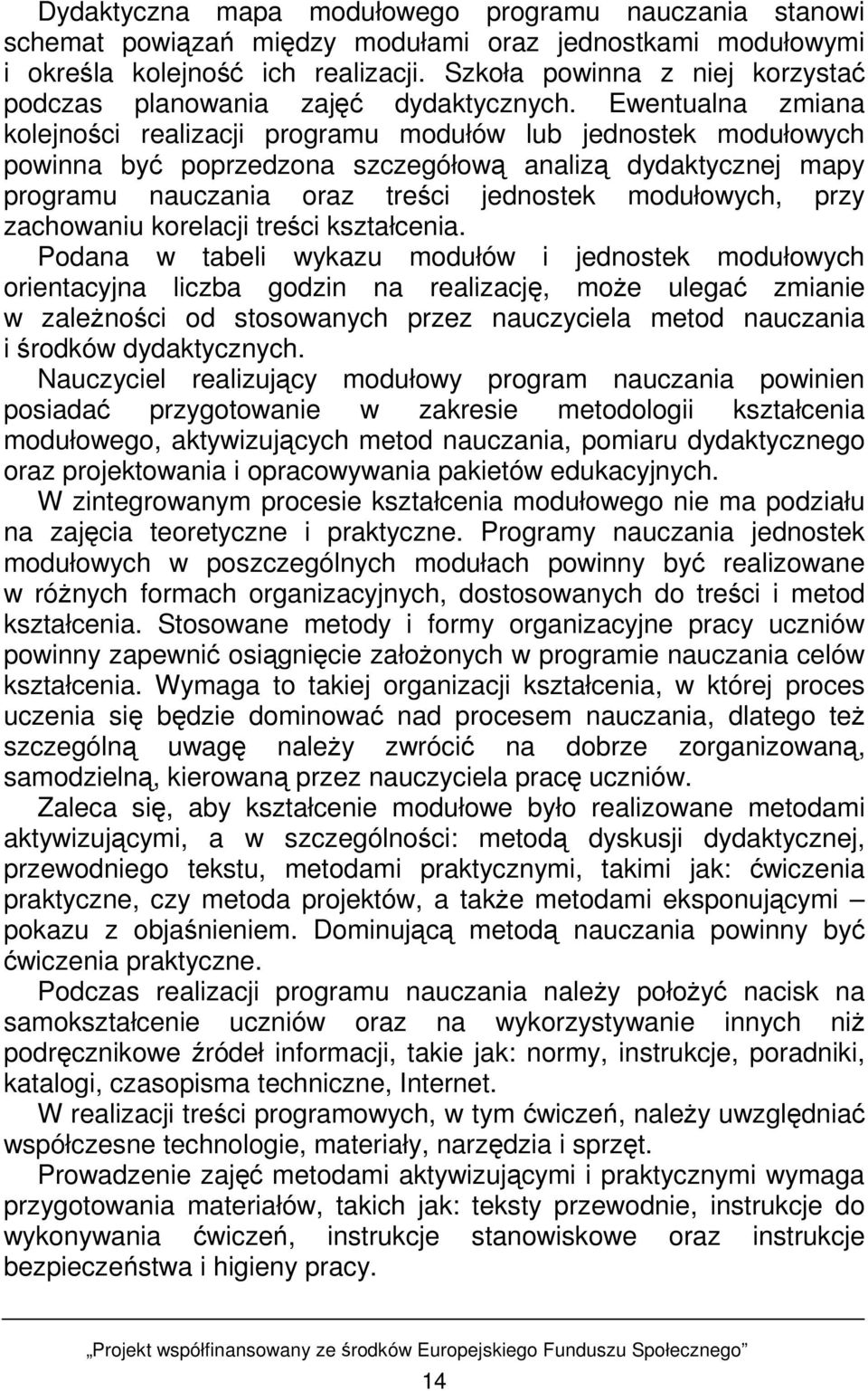 Ewentualna zmiana kolejności realizacji programu modułów lub jednostek modułowych powinna być poprzedzona szczegółową analizą dydaktycznej mapy programu nauczania oraz treści jednostek modułowych,
