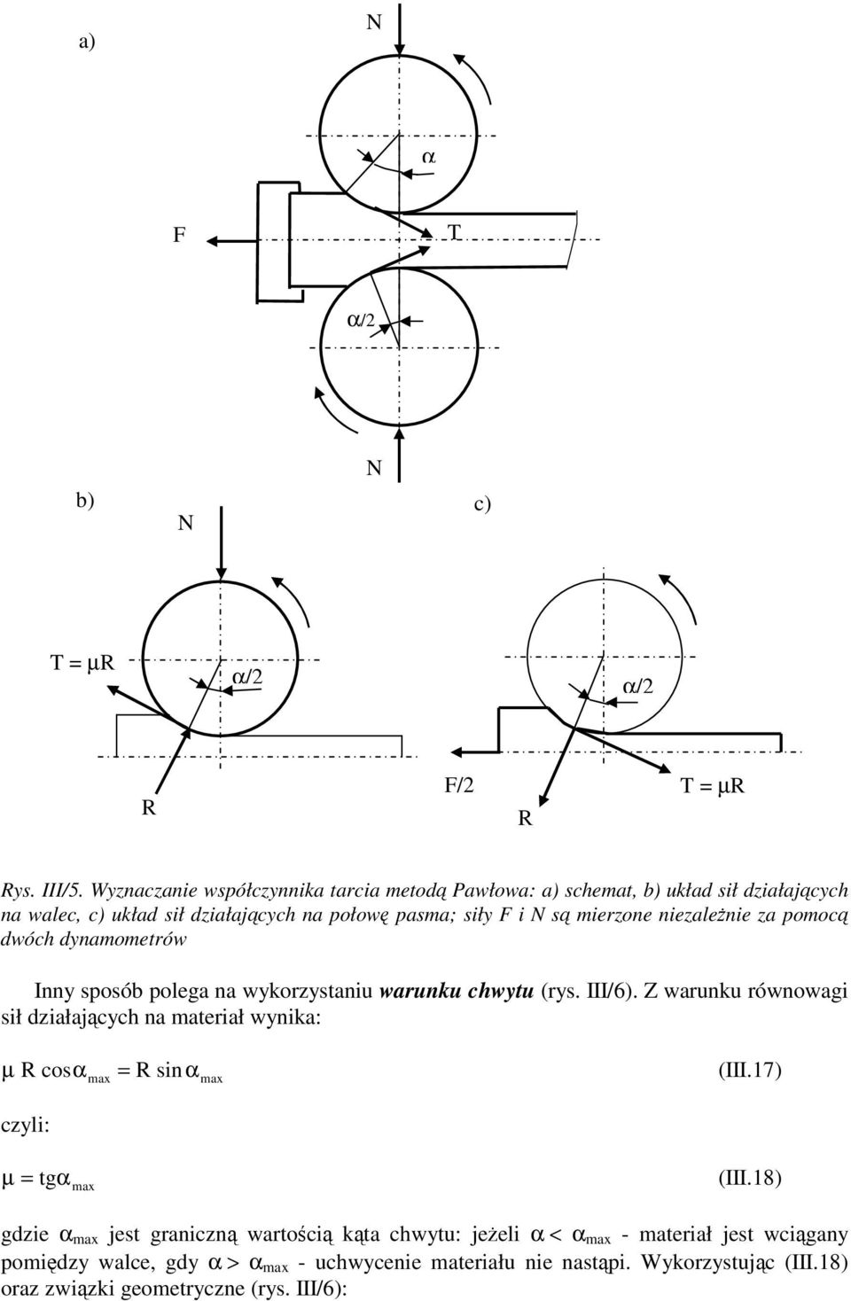 niezalenie za pomoc dwóch dynamometrów Inny sposób polega na wykorzystaniu warunku chwytu (rys. III/6).