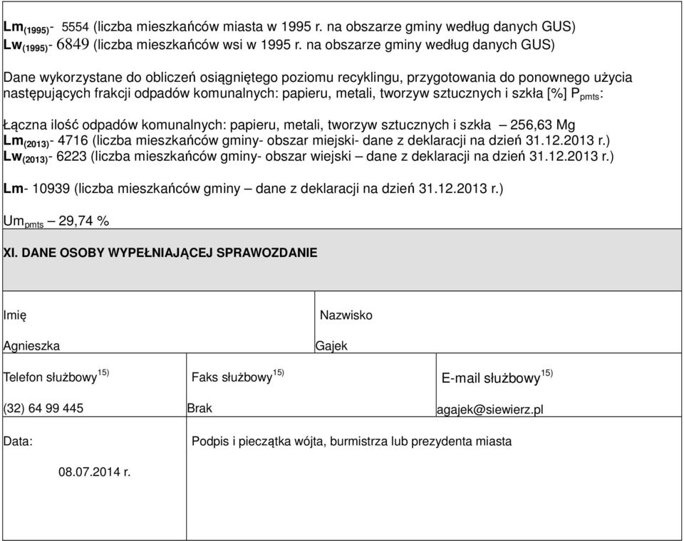 sztucznych i szkła [%] P pmts : Łączna ilość komunalnych: papieru, metali, tworzyw sztucznych i szkła 256,63 Mg Lm (2013) - 4716 (liczba mieszkańców gminy- obszar miejski- dane z deklaracji na dzień