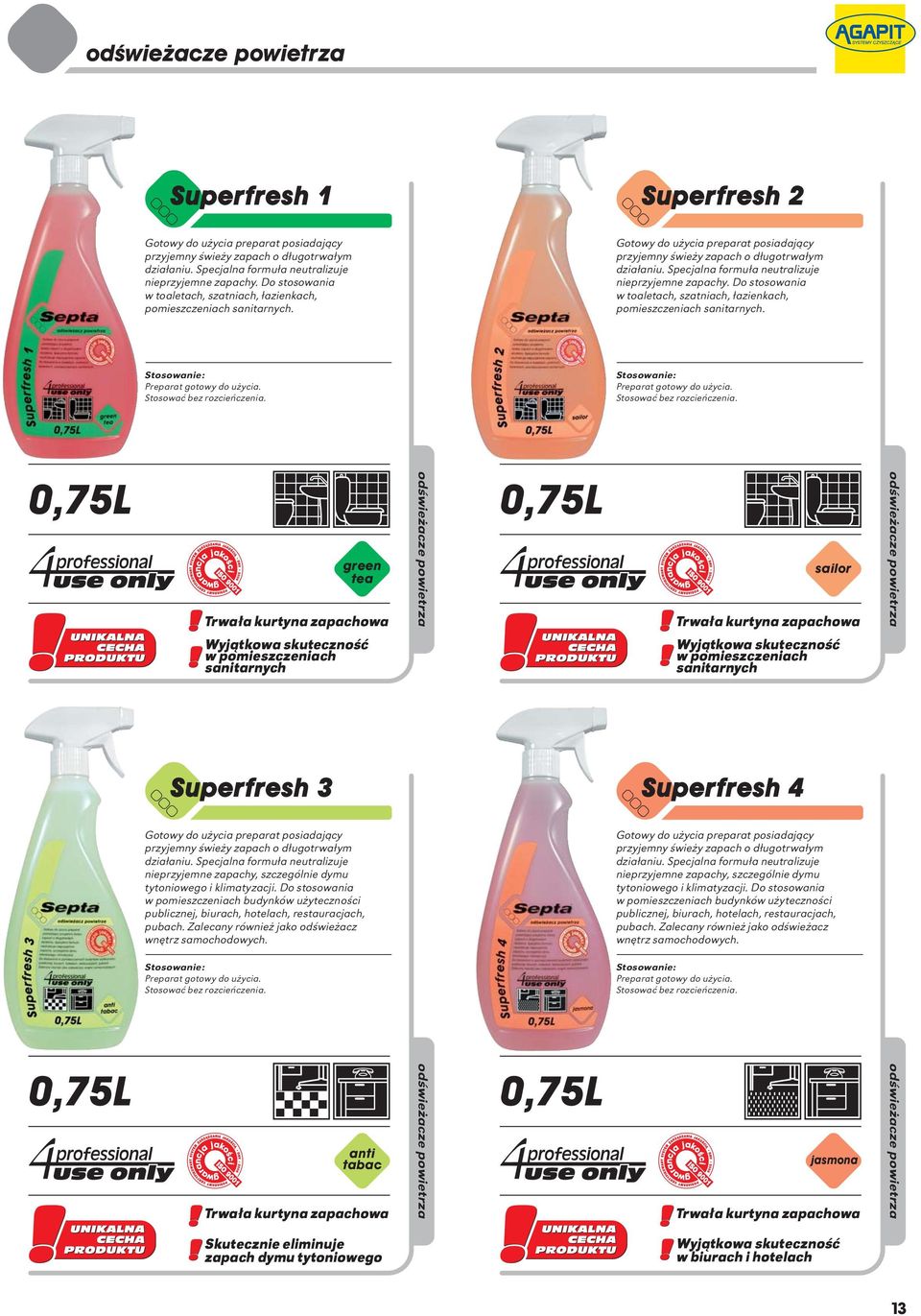 Specjalna formuła neutralizuje nieprzyjemne zapachy. Do stosowania w toaletach, szatniach, łazienkach, pomieszczeniach sanitarnych. Preparat gotowy do użycia. Stosować bez rozcieńczenia.