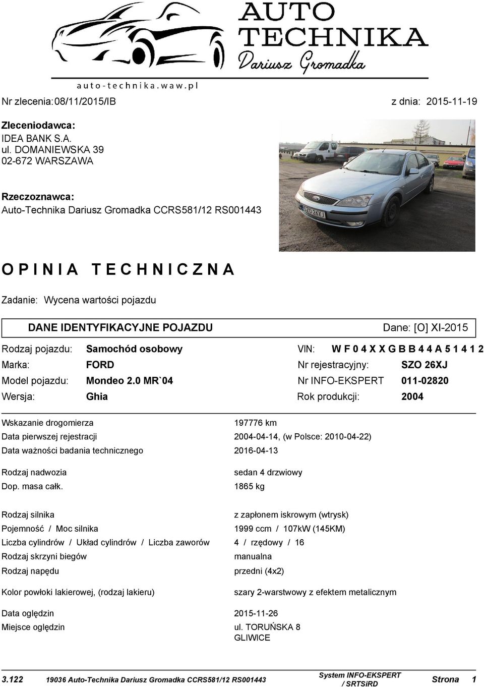 Samochód osobowy VIN: WF0XXGBBA5 Marka: FORD Nr rejestracyjny: SZO 6XJ Model pojazdu: Mondeo.