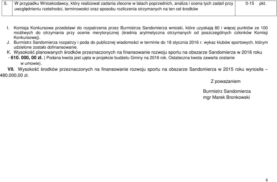 Komisja Konkursowa przedstawi do rozpatrzenia przez Burmistrza Sandomierza wnioski, które uzyskają 80 i więcej punktów ze 100 możliwych do otrzymania przy ocenie merytorycznej (średnia arytmetyczna