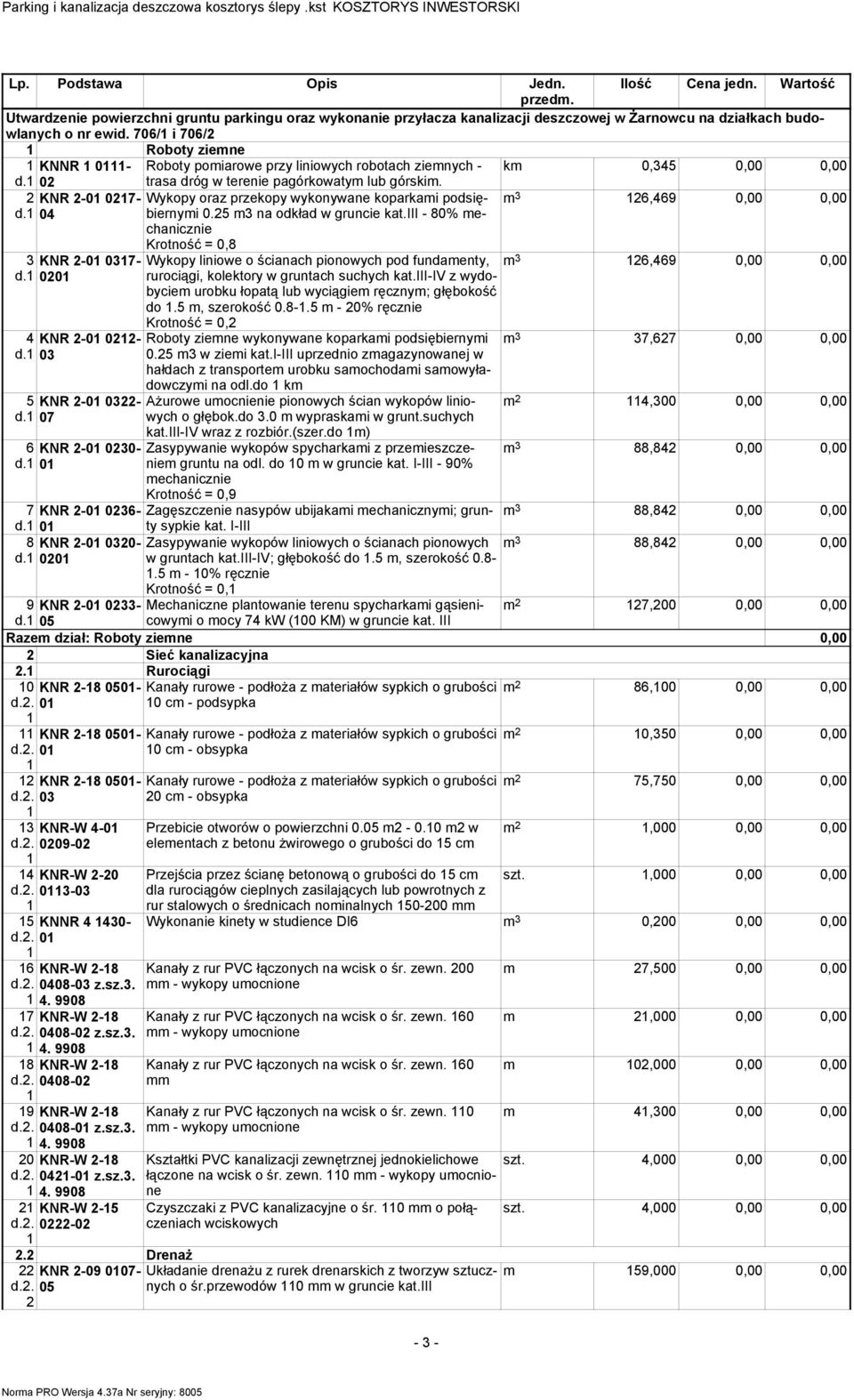 706/ i 706/ Roboty ziemne KNNR 0- Roboty pomiarowe przy liniowych robotach ziemnych - km 0,35 0,00 0,00 d. 0 trasa dróg w terenie pagórkowatym lub górskim.