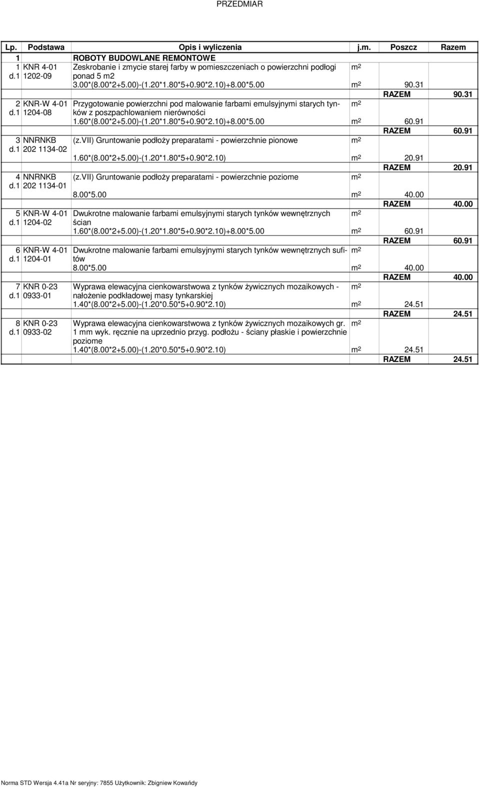 1 1204-08 z poszpachlowaniem nierówności 1.60*(8.00*2+5.00)-(1.20*1.80*5+0.90*2.10)+8.00*5.00 60.91 RAZEM 60.91 3 NNRNKB (z.vii) Gruntowanie podłoży preparatami - powierzchnie pionowe d.