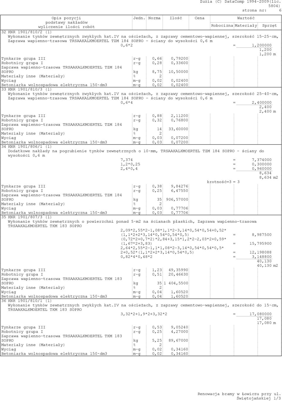 III r-g 0,66 0,79200 Robotnicy grupa I r-g 0,28 0,33600 Zaprawa wapienno-trasowa TRSAAKALKMOERTEL TZM 184 SOPRO kg 8,75 10,50000 Wyciąg m-g 0,02 0,02400 Betoniarka wolnospadowa elektryczna 150 dm3