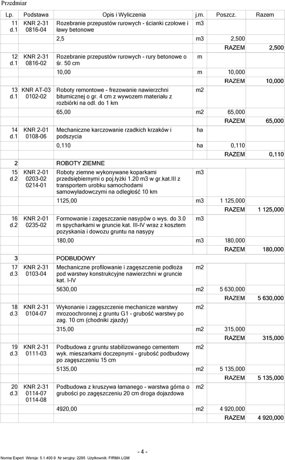 do 1 k 65, 65, 14 KNR 2-1 1-6 Mechaniczne karczowanie rzadkich krzaków i podszycia ha,11 ha,11 15 d.2 KNR 2-1 23-2 214-1 Roboty ziene wykonywane koparkai przedsiębiernyi o poj.łyżki 1.2 3 w gr.kat.