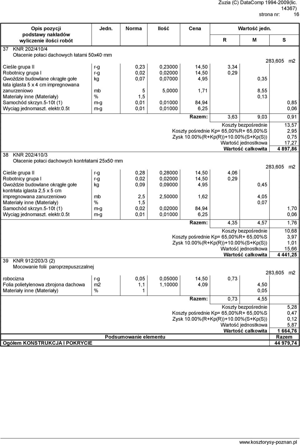 5-10t (1) m-g 0,01 0,01000 84,94 0,85 Wyciąg jednomaszt. elektr.0.5t m-g 0,01 0,01000 6,25 0,06 38 KNR 202/410/3 Ołacenie połaci dachowych kontrłatami 25x50 mm : 3,63 9,03 0,91 Koszty bezpośrednie 13,57 Koszty pośrednie Kp= 65,00%R+ 65,00%S 2,95 Zysk 10.