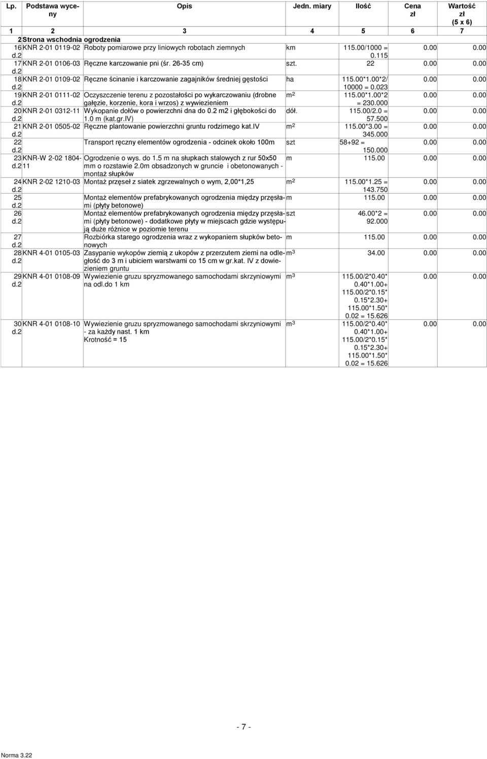 023 19 KNR 2-01 0111-02 Oczyszczenie terenu z pozostałości po wykarczowaniu ądrobne 2 115.00*1.00*2 gałęzie, korzenie, kora i wrzosł z wywiezienie = 230.