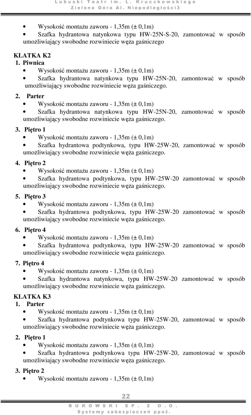 Piętro 1 Szafka hydrantowa podtynkowa, typu HW-25W-20, zamontować w sposób 4. Piętro 2 Szafka hydrantowa podtynkowa, typu HW-25W-20 zamontować w sposób 5.