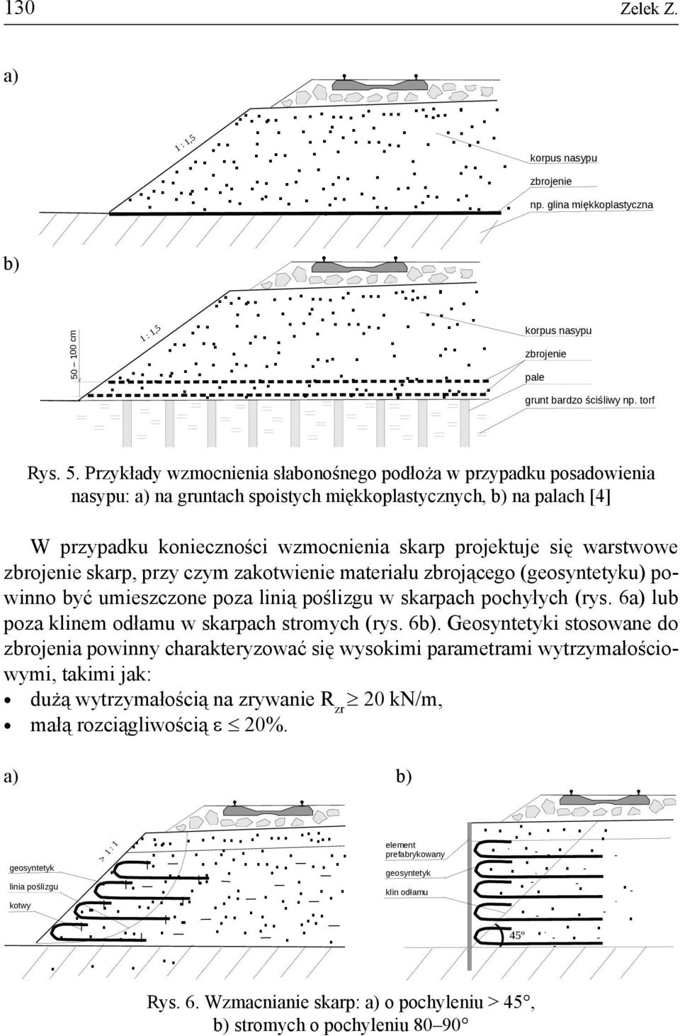 skarp projektuje się warstwowe zbrojenie skarp, przy czym zakotwienie materiału zbrojącego (geosyntetyku) powinno być umieszczone poza linią poślizgu w skarpach pochyłych (rys.