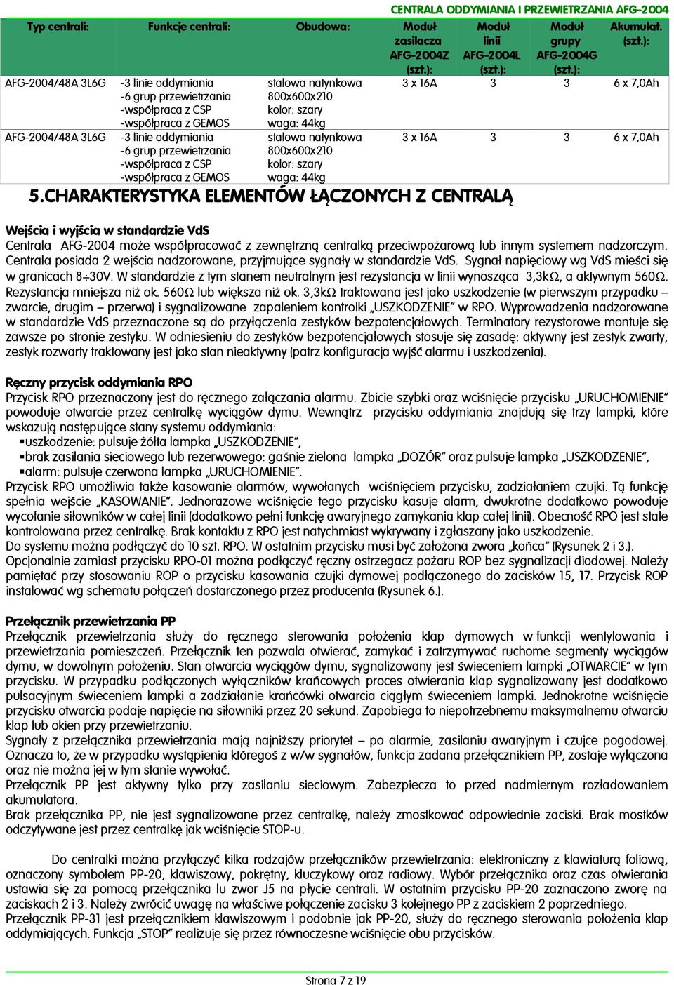 CHARAKTERYSTYKA ELEMENTÓW ŁĄCZONYCH Z CENTRALĄ Wejścia i wyjścia w standardzie VdS Centrala AFG004 może współpracować z zewnętrzną centralką przeciwpożarową lub innym systemem nadzorczym.