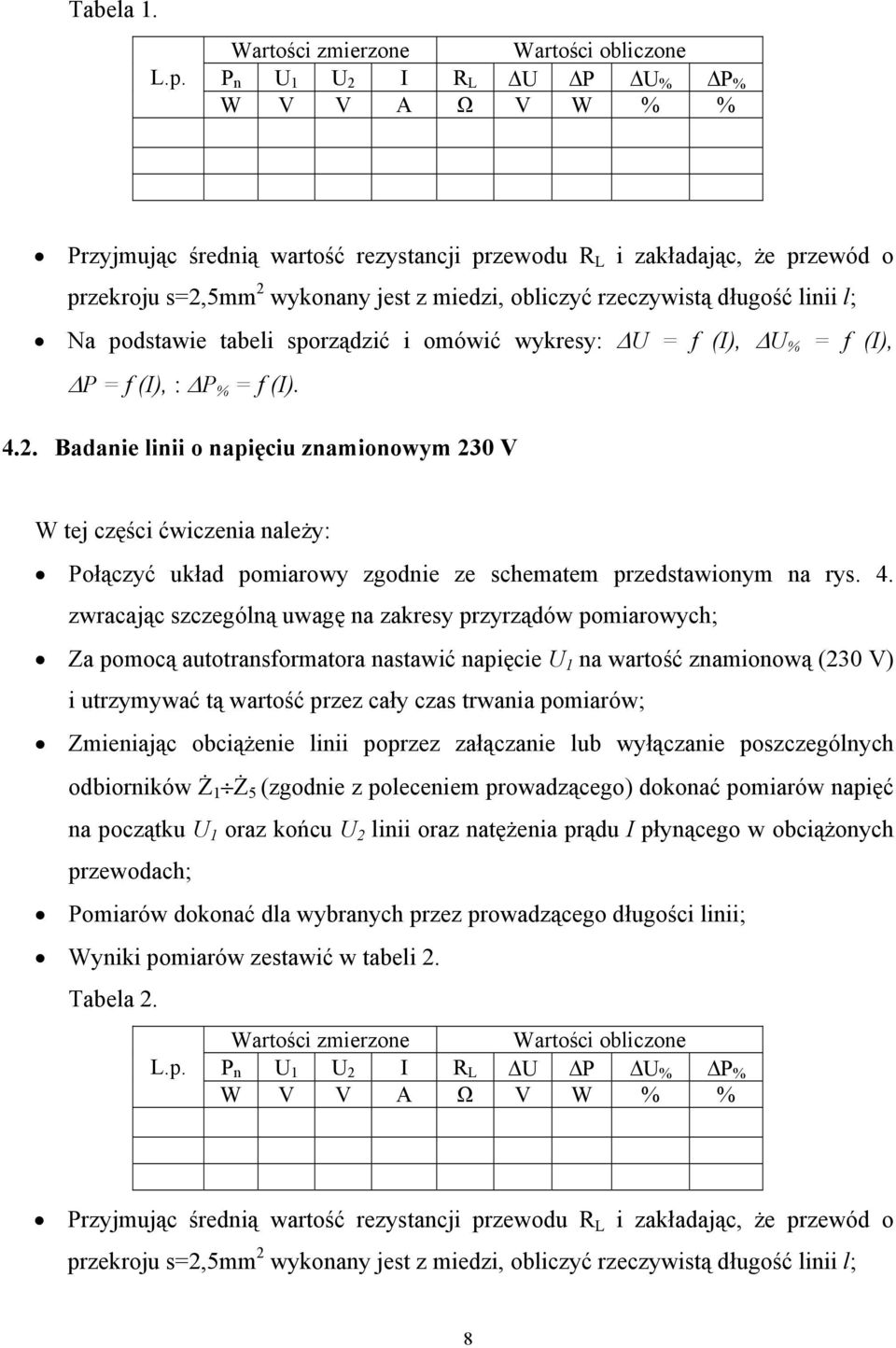 jest z miedzi, obliczyć rzeczywistą długość linii l; Na podstawie tabeli sporządzić i omówić wykresy: ΔU = f (I), ΔU % = f (I), ΔP = f (I), : ΔP % = f (I). 4.2.