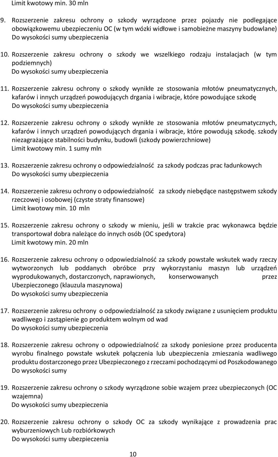 Rozszerzenie zakresu ochrony o szkody wynikłe ze stosowania młotów pneumatycznych, kafarów i innych urządzeń powodujących drgania i wibracje, które powodujące szkodę 12.