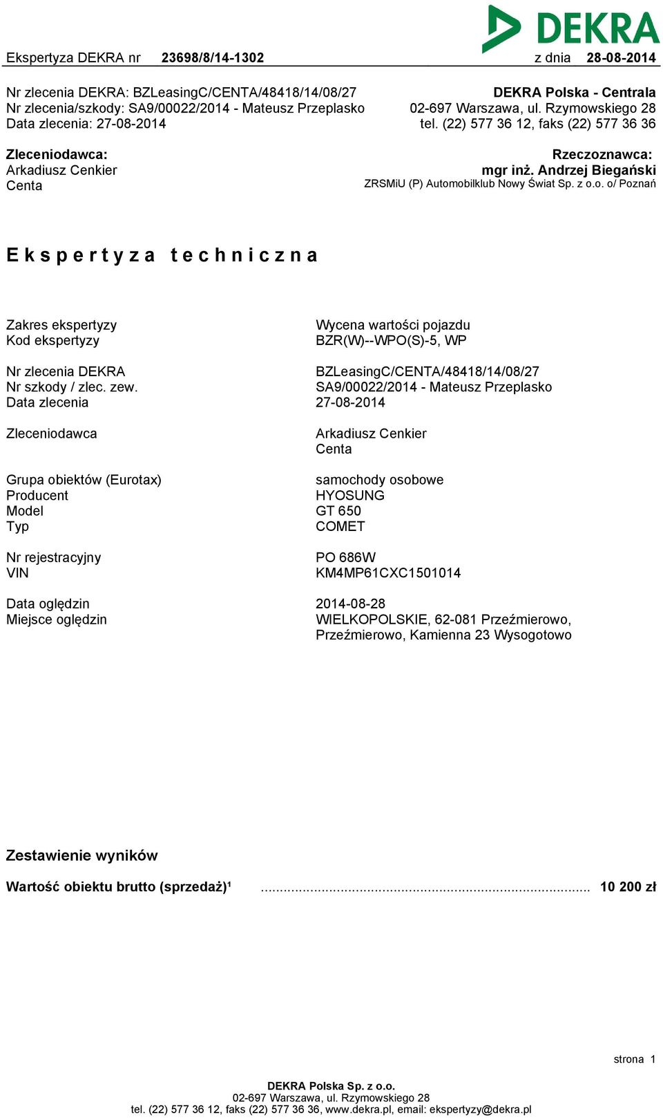 zew. Data zlecenia BZLeasingC/CENTA/48418/14/08/27 SA9/00022/2014 - Mateusz Przeplasko 27-08-2014 Zleceniodawca Arkadiusz Cenkier Centa Grupa obiektów (Eurotax) Producent Model Typ samochody osobowe