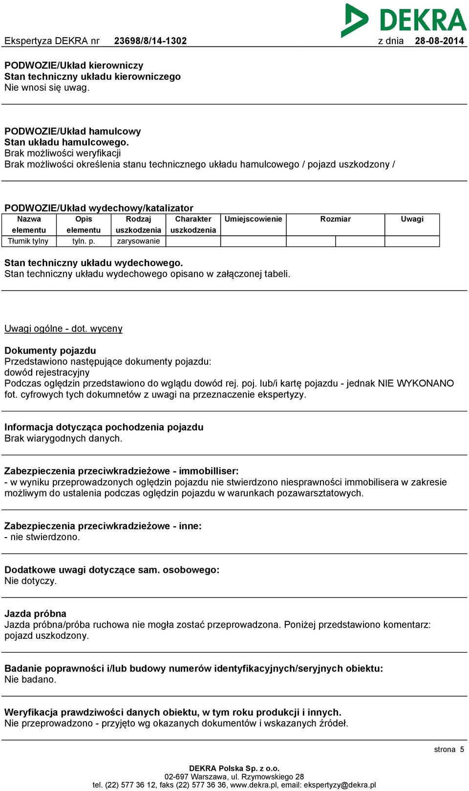 p. Rodzaj uszkodzenia zarysowanie Charakter uszkodzenia Umiejscowienie Rozmiar Uwagi Stan techniczny układu wydechowego. Stan techniczny układu wydechowego opisano w załączonej tabeli.
