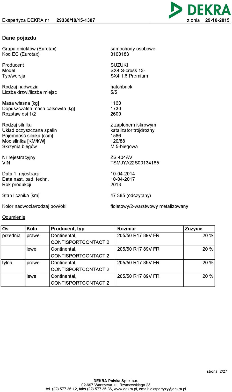 silnika [ccm] Moc silnika [KM/kW] Skrzynia biegów z zapłonem iskrowym katalizator trójdrożny 1586 120/88 M 5-biegowa Nr rejestracyjny VIN ZS 404AV TSMJYA22S00134185 Data 1. rejestracji Data nast. bad.