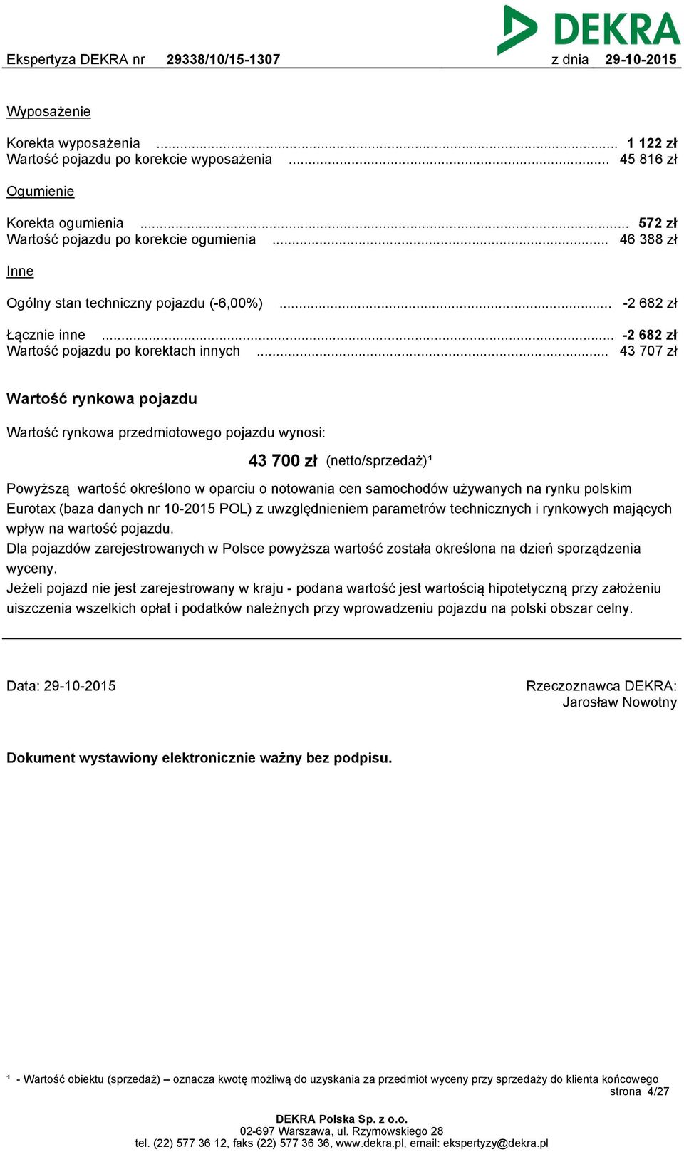 .. 43 707 zł Wartość rynkowa pojazdu Wartość rynkowa przedmiotowego pojazdu wynosi: 43 700 zł (netto/sprzedaż)¹ Powyższą wartość określono w oparciu o notowania cen samochodów używanych na rynku