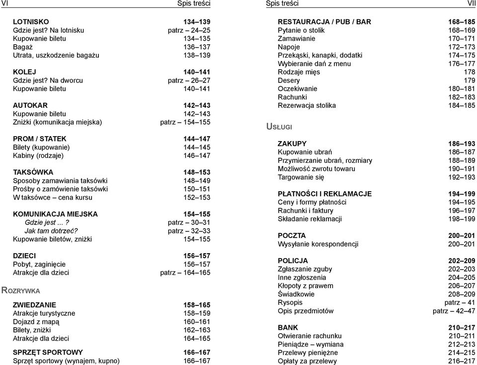146 147 Taksówka 148 153 Sposoby zamawiania taksówki 148 149 Prośby o zamówienie taksówki 150 151 W taksówce cena kursu 152 153 Komunikacja miejska 154 155 Gdzie jest...? patrz 30 31 Jak tam dotrzeć?