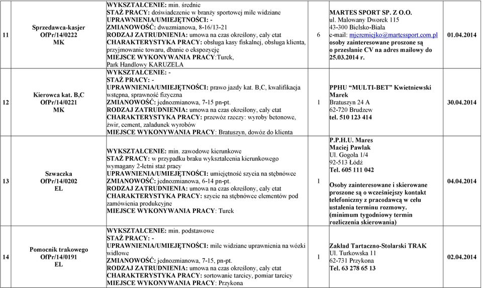 obsługa klienta, przyjmowanie towaru, dbanie o ekspozycję MIEJSCE WYKONYWANIA PRACY:Turek, Park Handlowy KARUZA WYKSZTAŁCENIE: - UPRAWNIENIA/UMIEJĘTNOŚCI: prawo jazdy kat.