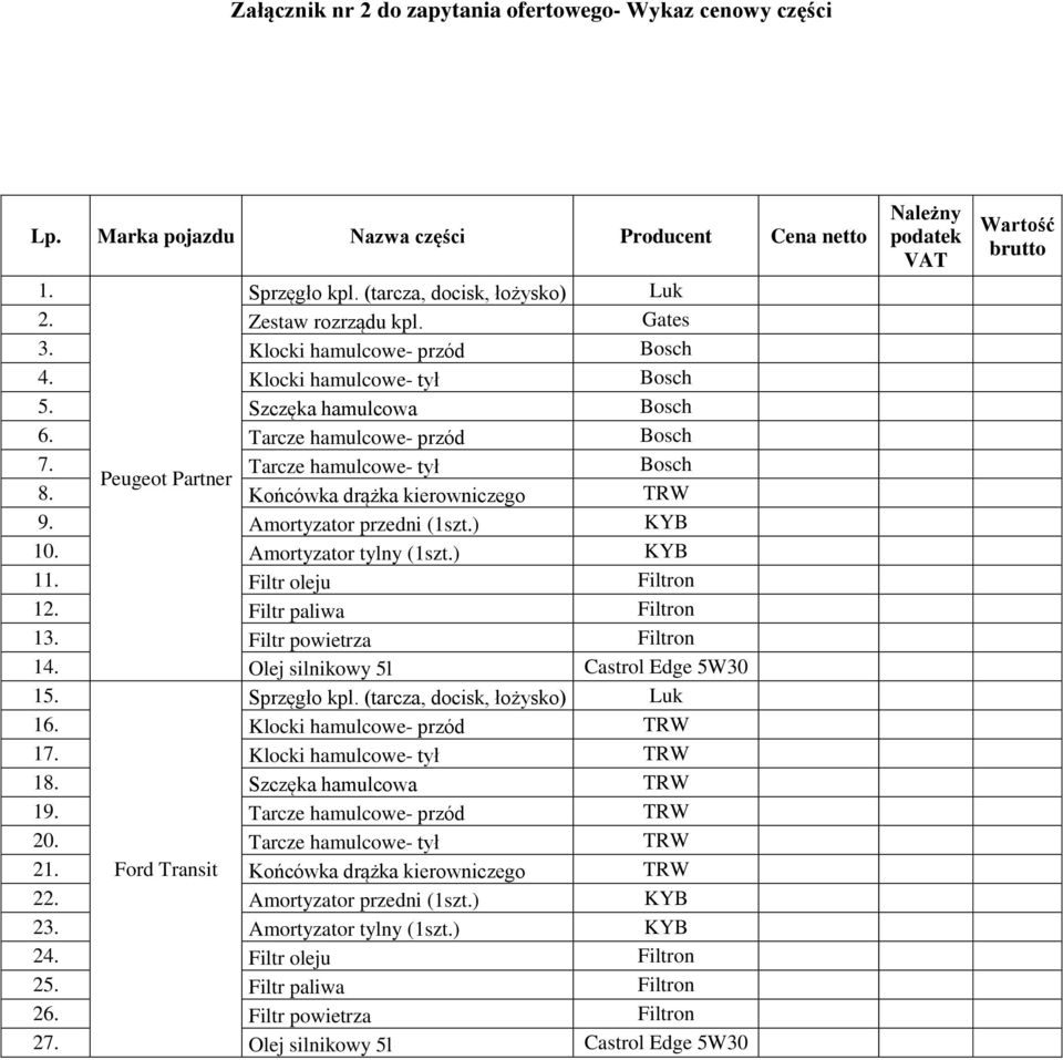 Końcówka drążka kierowniczego TRW 9. Amortyzator przedni (1szt.) KYB 10. Amortyzator tylny (1szt.) KYB 11. Filtr oleju Filtron 12. Filtr paliwa Filtron 13. Filtr powietrza Filtron 14.