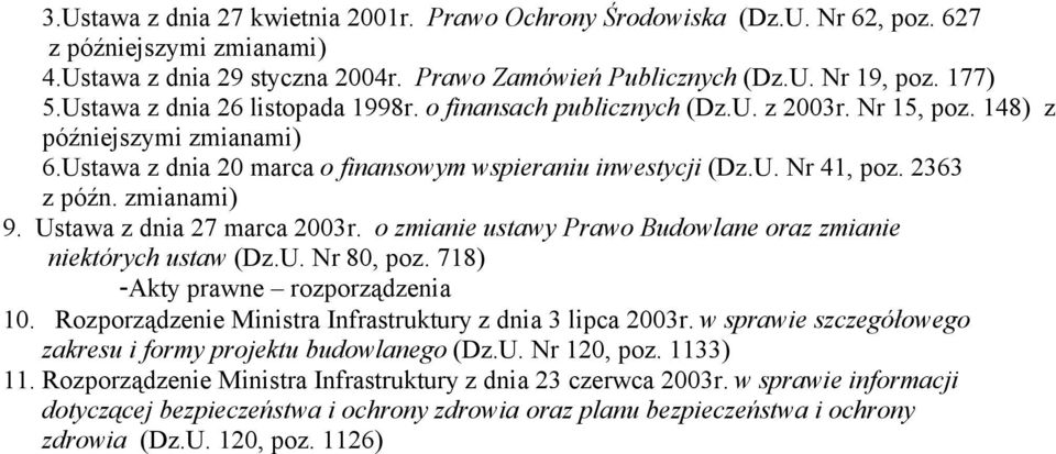 2363 z późn. zmianami) 9. Ustawa z dnia 27 marca 2003r. o zmianie ustawy Prawo Budowlane oraz zmianie niektórych ustaw (Dz.U. Nr 80, poz. 718) -Akty prawne rozporządzenia 10.