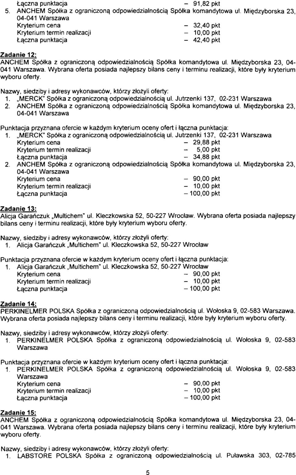 Miedzyborska 23, 04-041. Wybrana oferta posiada najlepszy bilans ceny i terminu realizacji, ktbre byty kryterium Nazwy, siedziby i adresy wykonawc6w, kt6rzy ztozyli oferty: 1.
