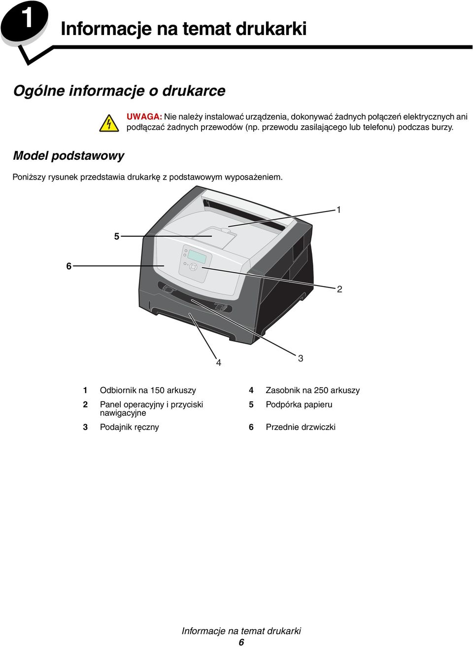 Model podstawowy Poniższy rysunek przedstawia drukarkę z podstawowym wyposażeniem.