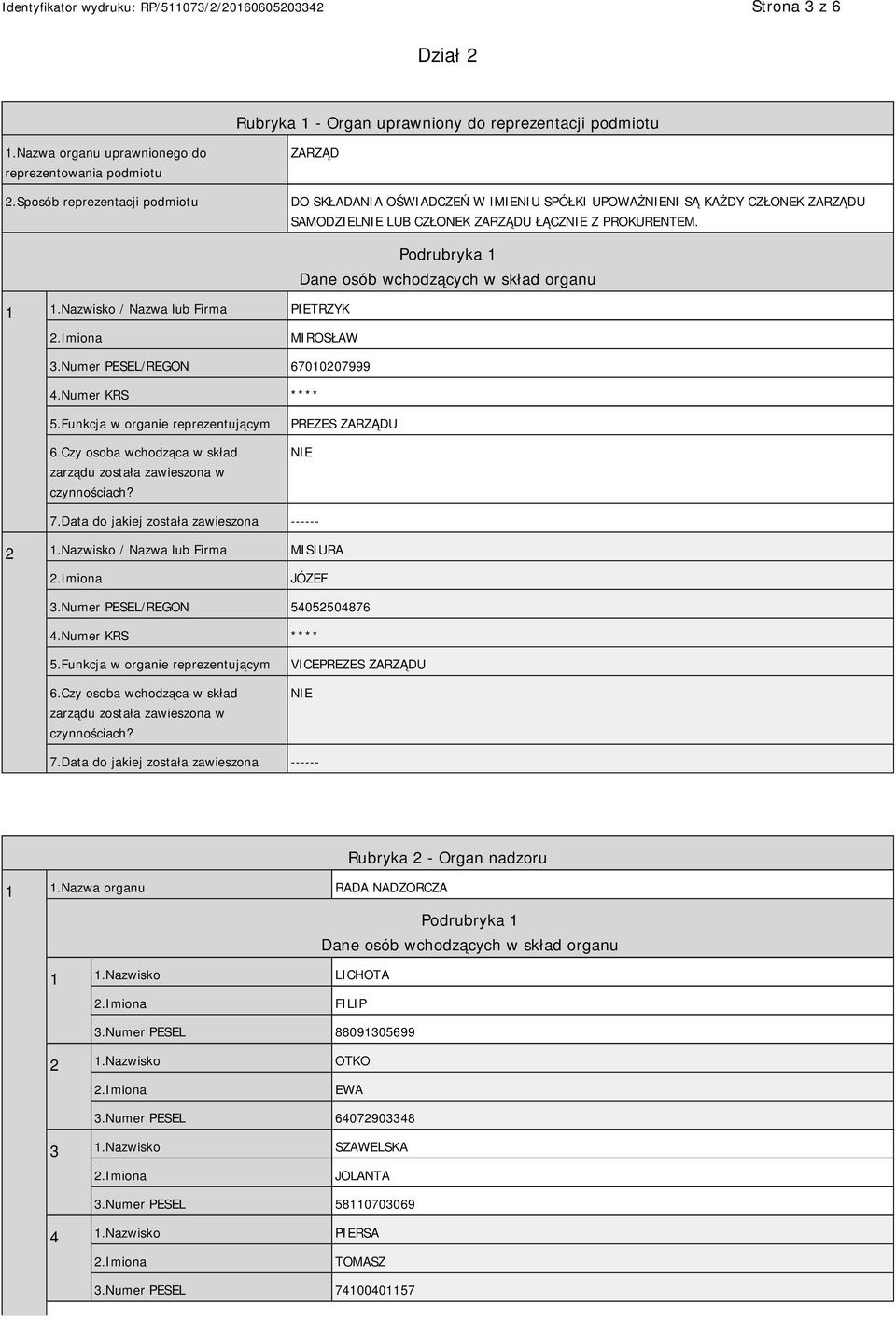 Nazwisko / Nazwa lub Firma PIETRZYK Podrubryka 1 Dane osób wchodzących w skład organu MIROSŁAW 3.Numer PESEL/REGON 67010207999 4.Numer KRS **** 5.Funkcja w organie reprezentującym 6.