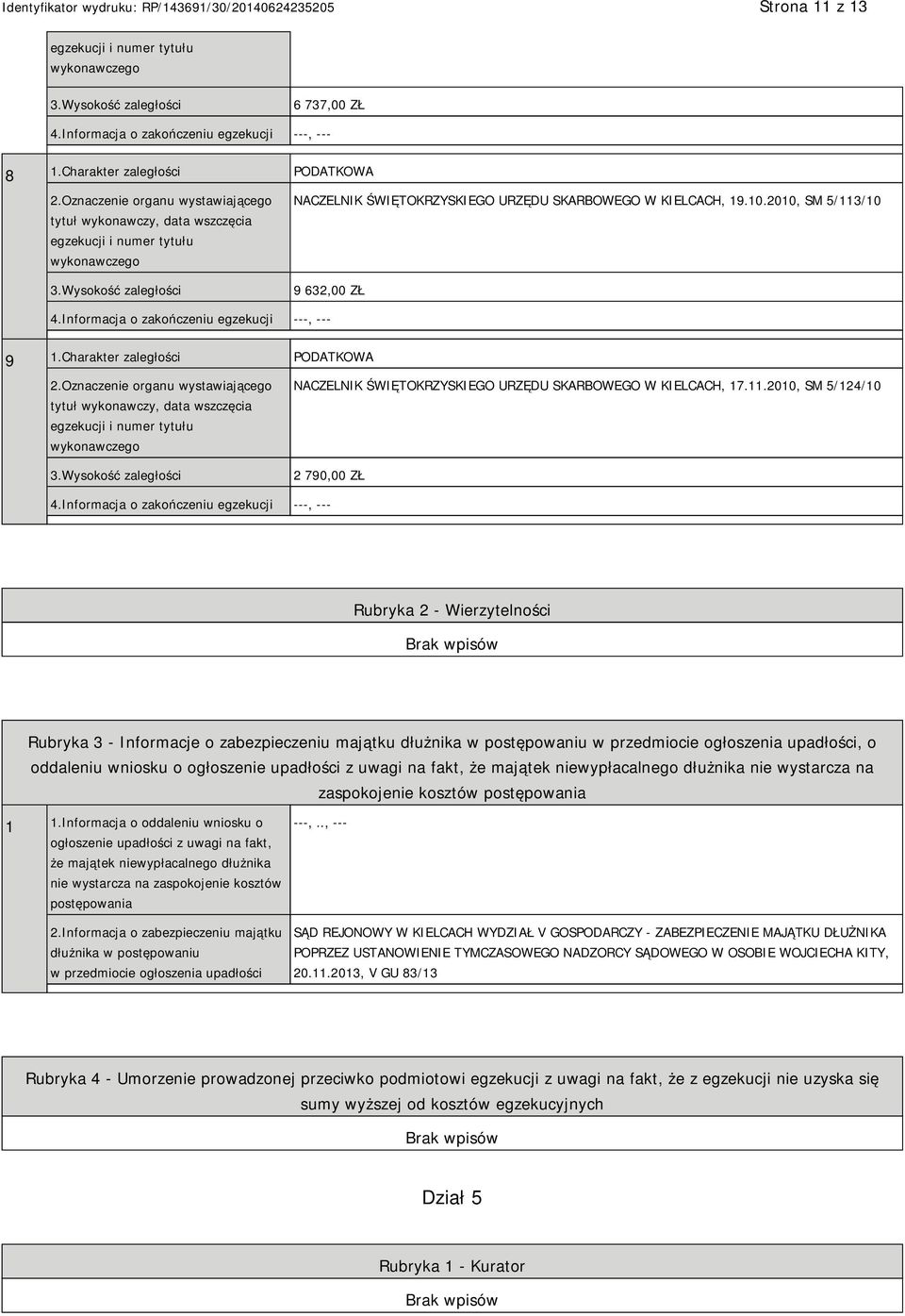 2010, SM 5/124/10 2 790,00 ZŁ Rubryka 2 - Wierzytelności Rubryka 3 - Informacje o zabezpieczeniu majątku dłużnika w postępowaniu w przedmiocie ogłoszenia upadłości, o oddaleniu wniosku o ogłoszenie