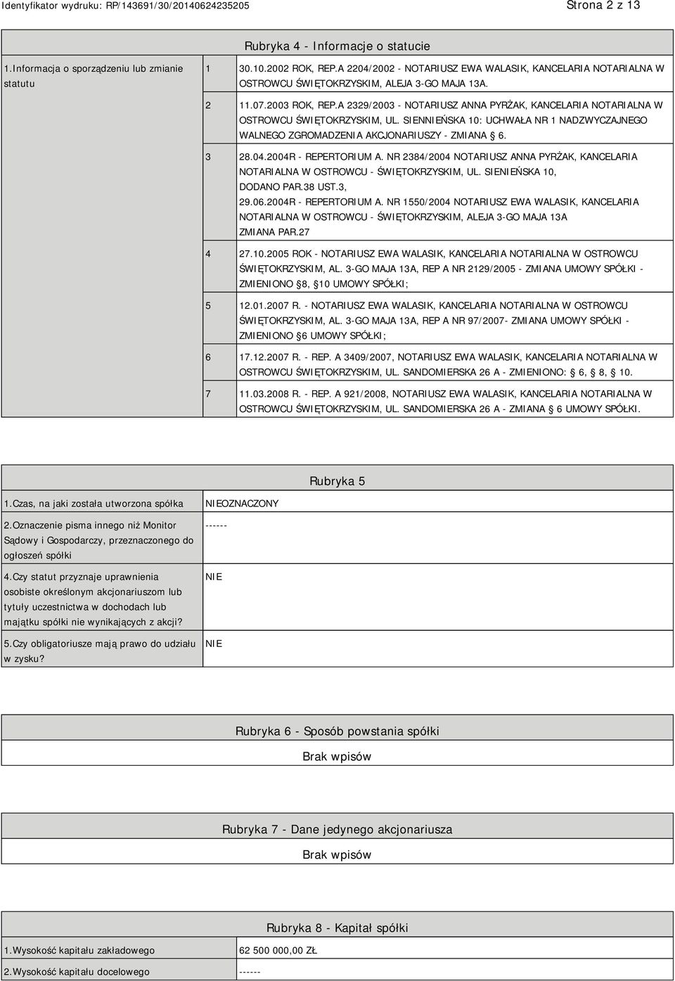 A 2329/2003 - NOTARIUSZ ANNA PYRŻAK, KANCELARIA NOTARIALNA W OSTROWCU ŚWIĘTOKRZYSKIM, UL. SIENNIEŃSKA 10: UCHWAŁA NR 1 NADZWYCZAJNEGO WALNEGO ZGROMADZENIA AKCJONARIUSZY - ZMIANA 6. 3 28.04.