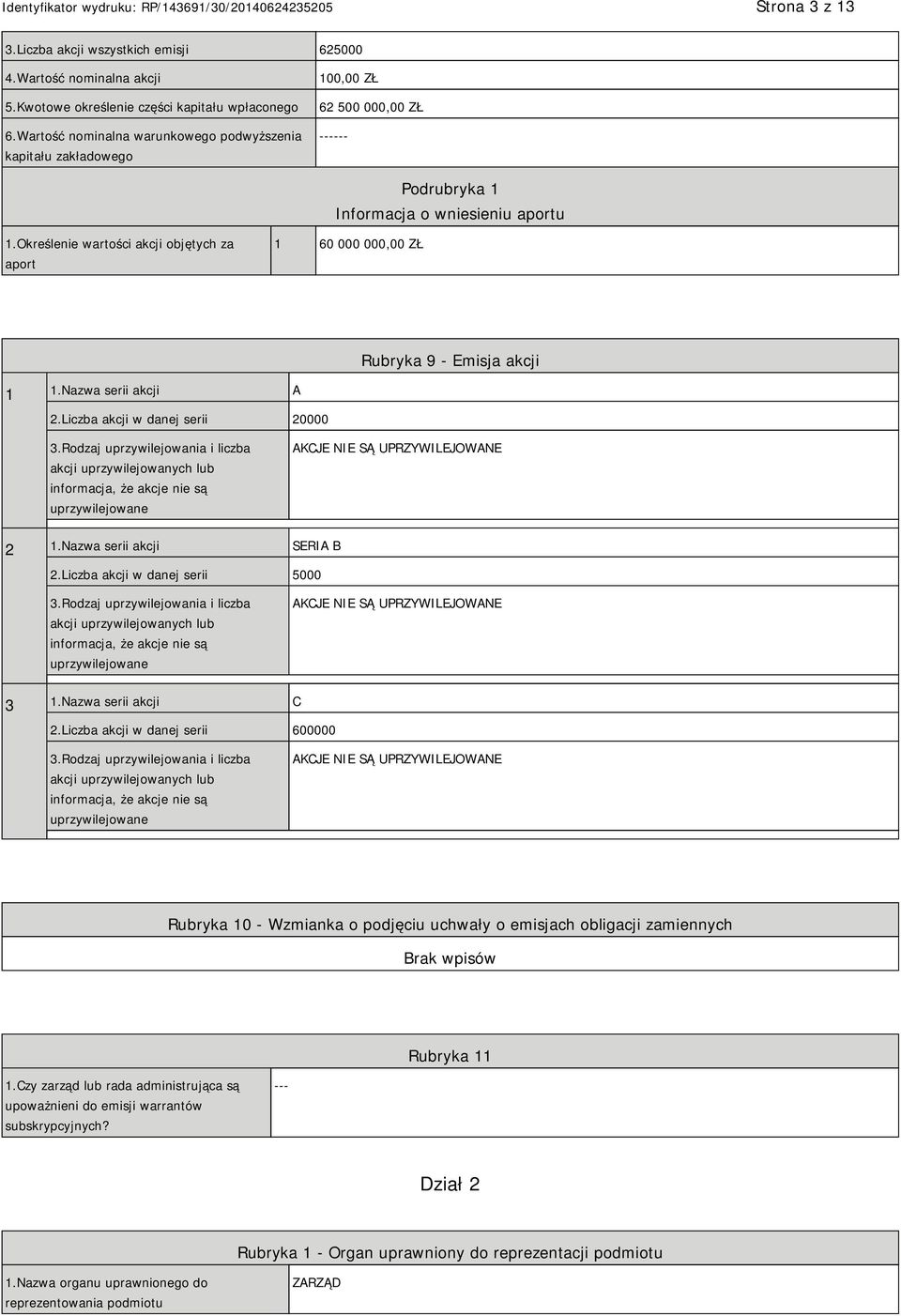 Określenie wartości akcji objętych za aport 1 60 000 000,00 ZŁ Rubryka 9 - Emisja akcji 1 1.Nazwa serii akcji A 2.Liczba akcji w danej serii 20000 3.