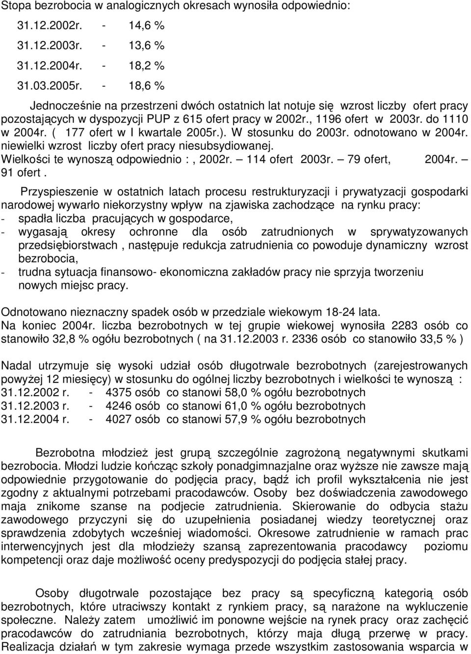 ( 177 ofert w I kwartale 2005r.). W stosunku do 2003r. odnotowano w 2004r. niewielki wzrost liczby ofert pracy niesubsydiowanej. Wielkości te wynoszą odpowiednio :, 2002r. 114 ofert 2003r.