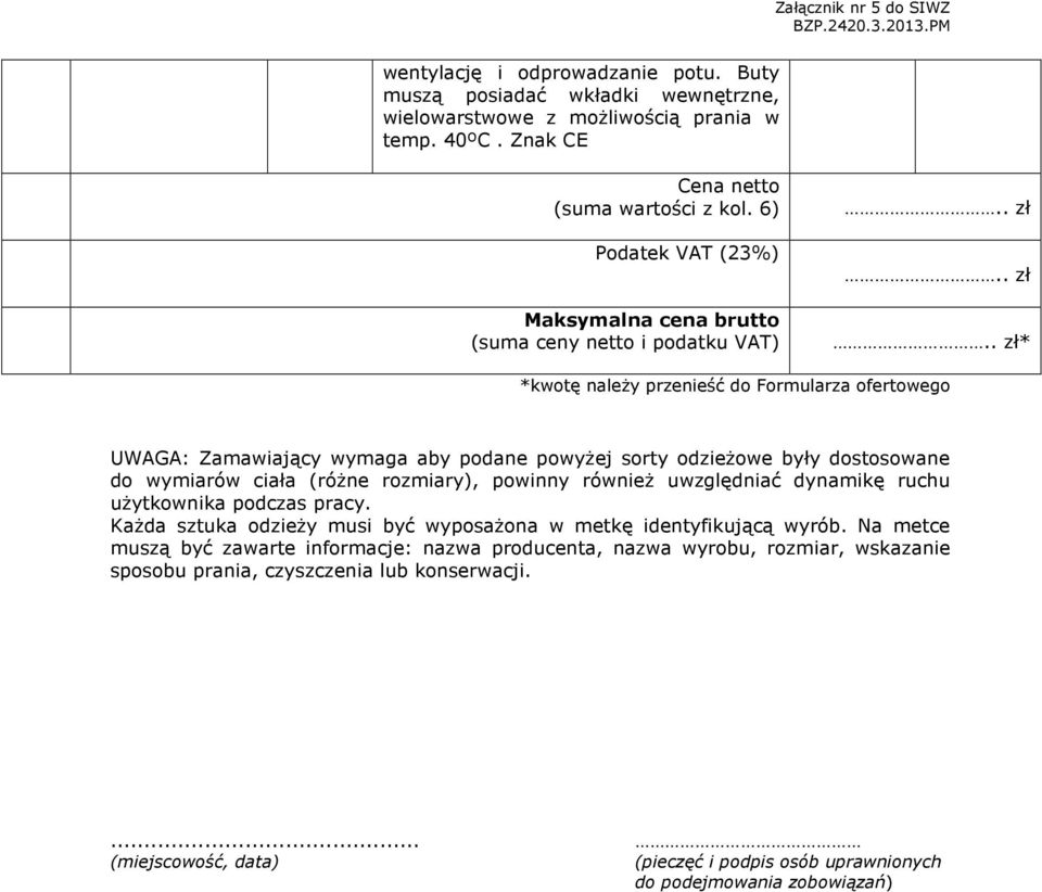 . zł.. zł* *kwotę naleŝy przenieść do Formularza ofertowego UWAGA: Zamawiający wymaga aby podane powyŝej sorty odzieŝowe były dostosowane do wymiarów ciała (róŝne rozmiary), powinny równieŝ
