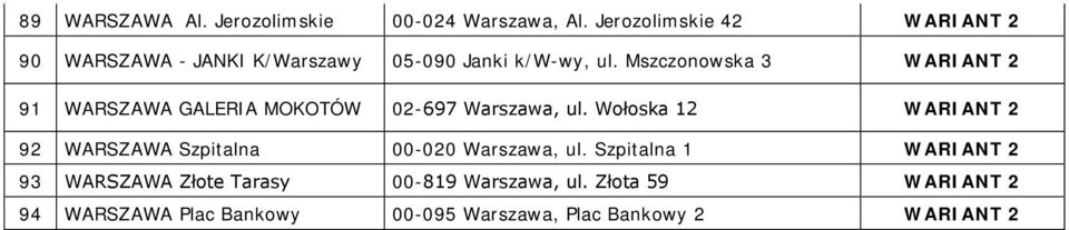 Mszczonowska 3 WARIANT 2 91 WARSZAWA GALERIA MOKOTÓW 02-697 Warszawa, ul.