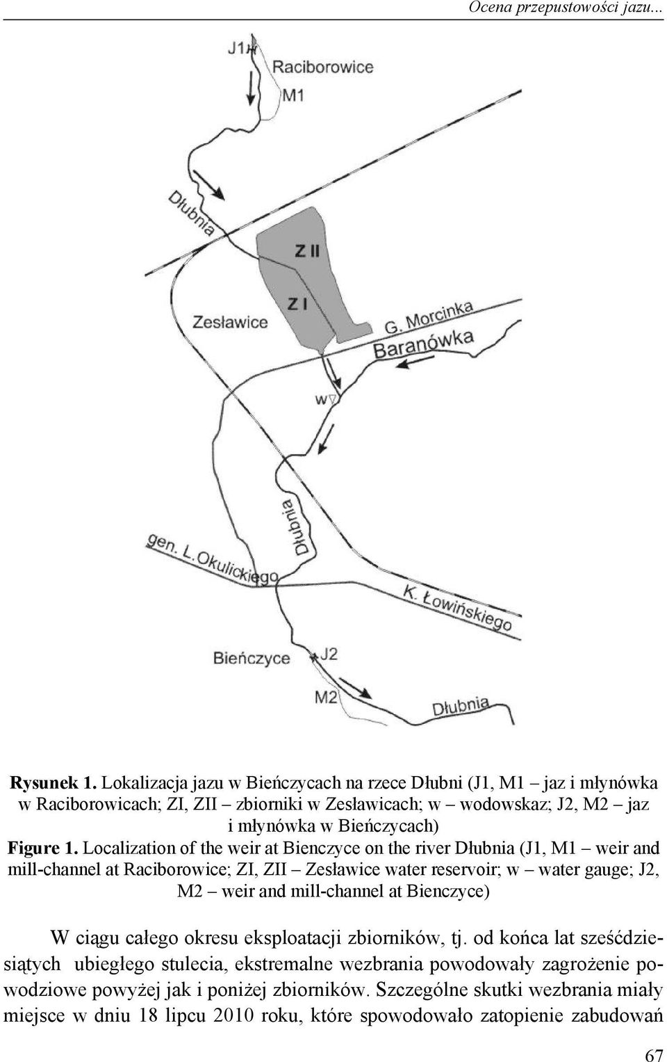 Localization of the weir at Bienczyce on the river Dłubnia (J1, M1 weir and mill-channel at Raciborowice; ZI, ZII Zesławice water reservoir; w water gauge; J2, M2 weir and