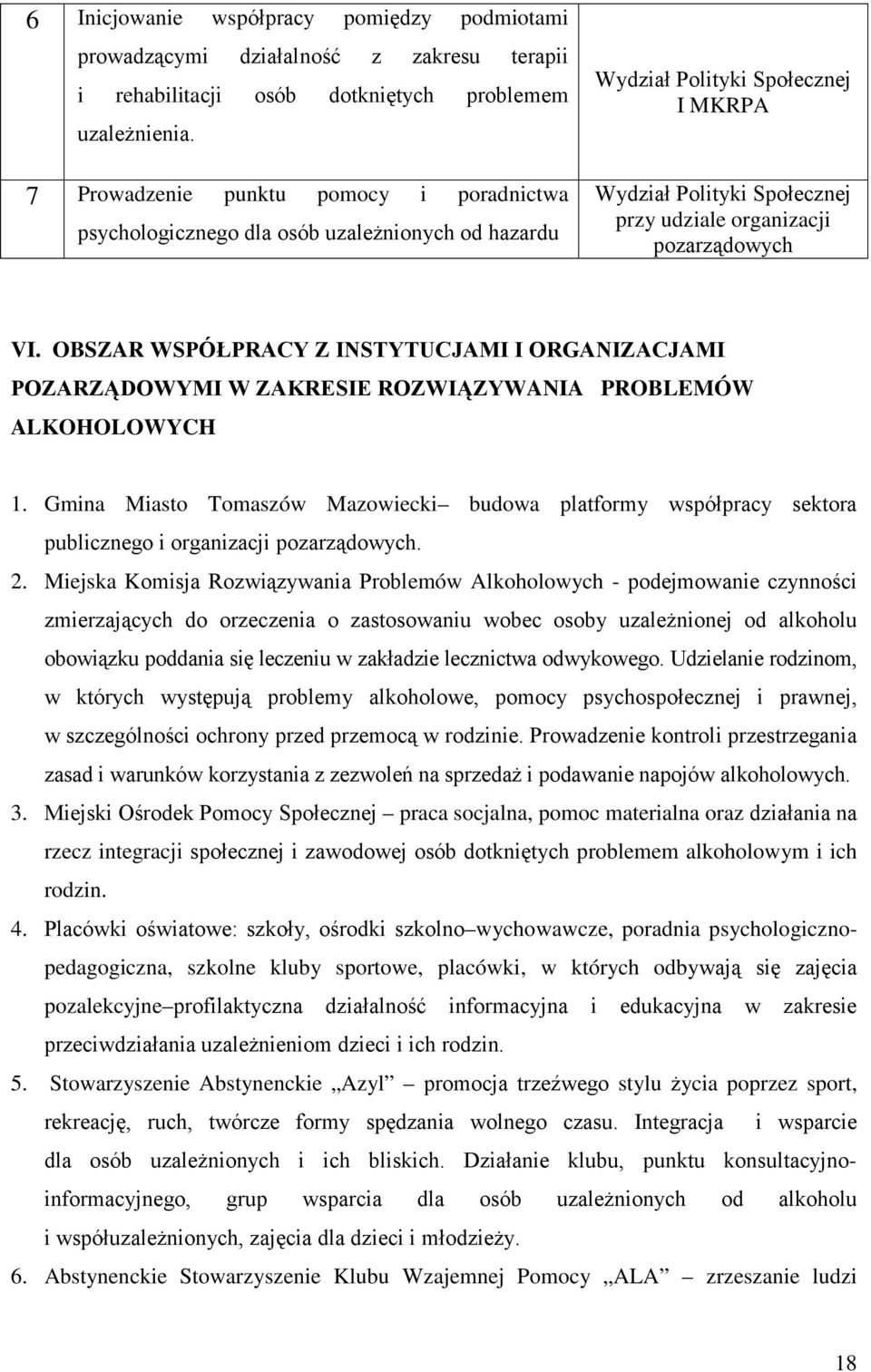 OBSZAR WSPÓŁPRACY Z INSTYTUCJAMI I ORGANIZACJAMI POZARZĄDOWYMI W ZAKRESIE ROZWIĄZYWANIA PROBLEMÓW ALKOHOLOWYCH 1.