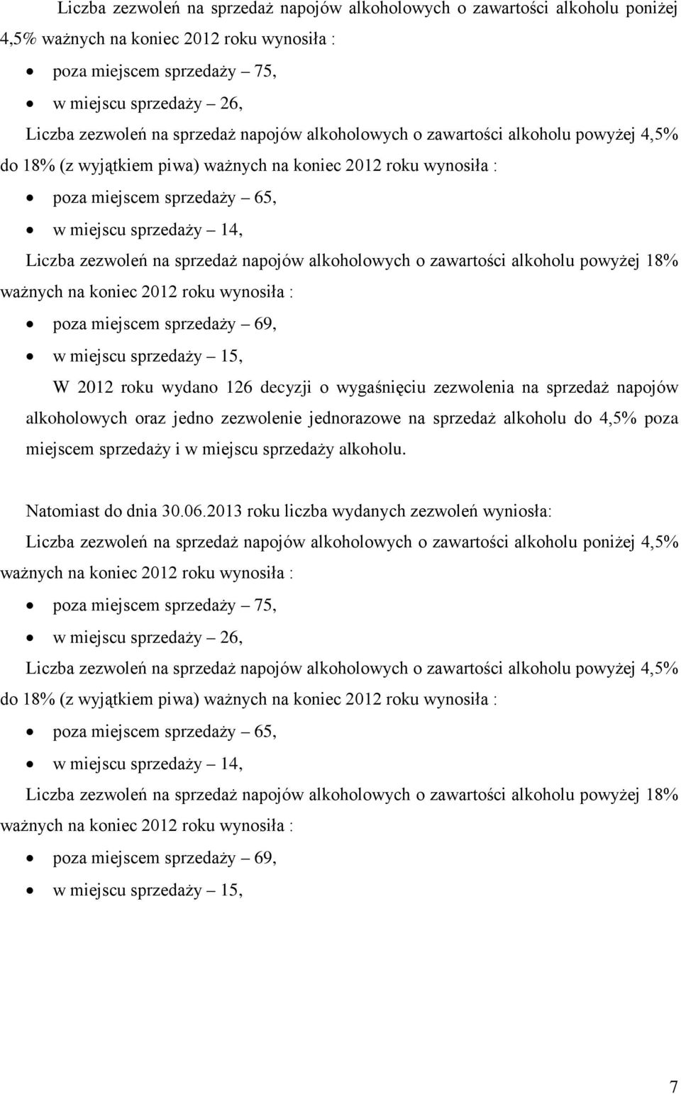 na sprzedaż napojów alkoholowych o zawartości alkoholu powyżej 18% ważnych na koniec 2012 roku wynosiła : poza miejscem sprzedaży 69, w miejscu sprzedaży 15, W 2012 roku wydano 126 decyzji o