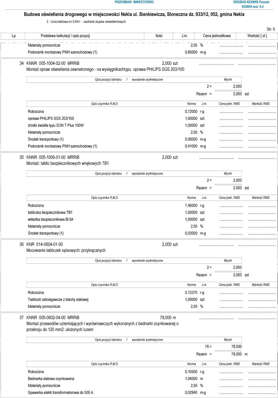 ..... źródło światła typu SON T Plus 100W 1,00000 szt...... Środek transportowy (1) 0,06000 m-g...... Podnośnik montażowy PMH samochodowy (1) 0,41000 m-g...... 35 KNNR 005-1006-01-00 MRRiB 2,000 szt.